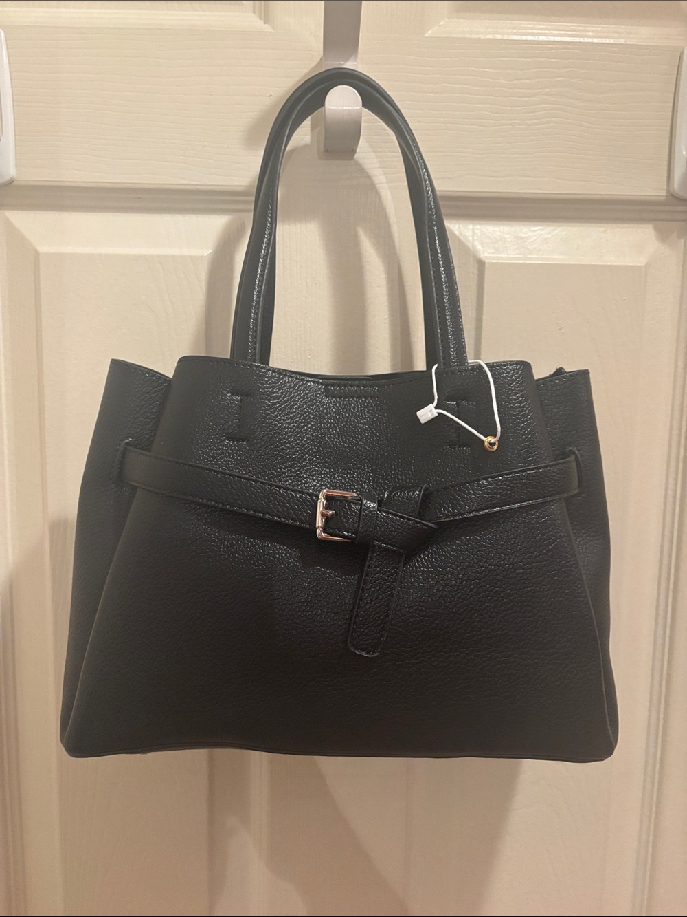 Black Structured Tote Bag with Buckle Detail